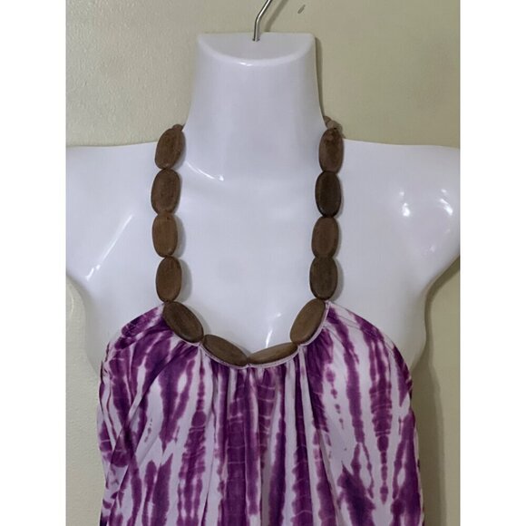 Purple Tie-Dye Halter‎ Maxi Dress S  Wood Beaded Neckline Beachy Boho  Hippie - Picture 6 of 9